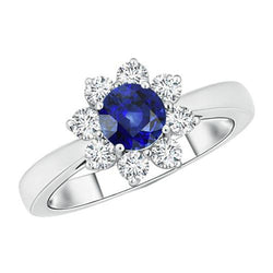 Gold Natural Earth Mined Diamond Jewelry Flower Style Halo Round Ceylon Sapphire 3 Carats