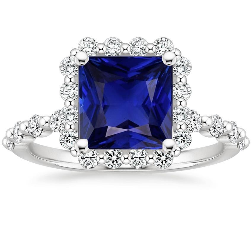 Gold Diamond Ring Halo Flower Style Princess Blue Sapphire 6.25 Carats - Gemstone Ring-harrychadent.ca