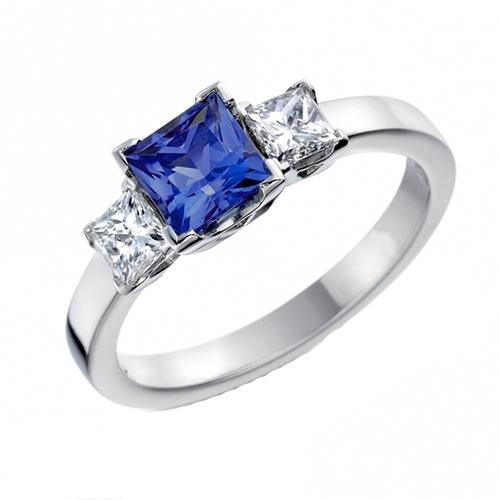 Gold Gemstone Princess Blue Sapphire & Diamond 3 Stone Ring 5 Carats - Gemstone Ring-harrychadent.ca