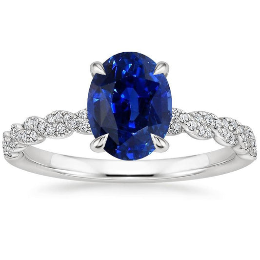 Gold Gemstone Ring Oval Blue Sapphire & Pave Set Diamonds 3.50 Carats - Gemstone Ring-harrychadent.ca