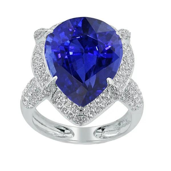 Gold Halo Blue Ceylon Sapphire Ring Pear Cut & Round Diamonds 5 Carats - Gemstone Ring-harrychadent.ca