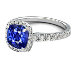 Gold Halo Cushion Sapphire Ring Prong Accents Natural Earth Mined Diamonds 3.50 Carats