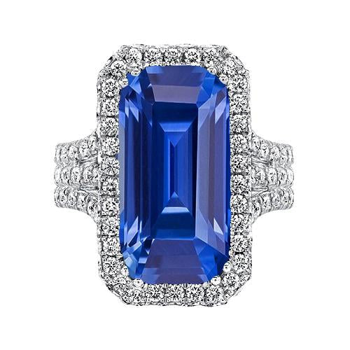 Gold Halo Diamond Emerald Cut Ceylon Sapphire Gemstone Ring 6 Carats - Gemstone Ring-harrychadent.ca