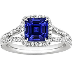 Gold Halo Natural Earth Mined Diamond Engagement Ring 3.25 Carats Asscher Blue Sapphire