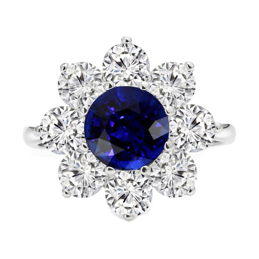 Gold Halo Diamond Ring Blue Round Sapphire Flower Style 4.50 Carats - Gemstone Ring-harrychadent.ca