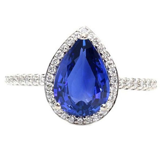 Gold Halo Pave Set Diamond Engagement Ring Blue Sapphire 4 Carats - Gemstone Ring-harrychadent.ca