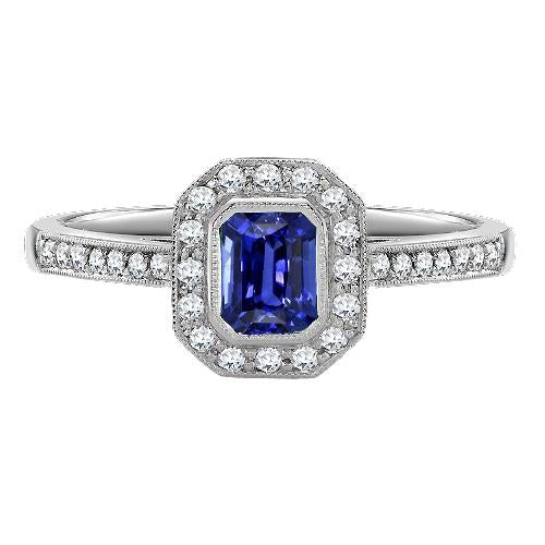 Gold Halo Emerald Shaped Sri Lankan Sapphire Diamond Ring 3.50 Carats- Gemstone Ring-harrychadent.ca