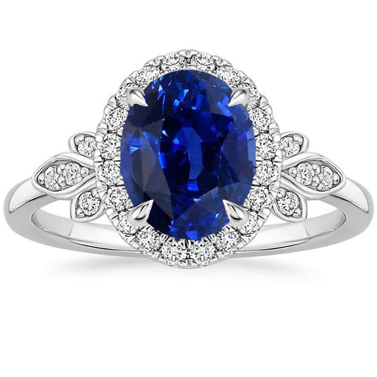 Gold Halo Ring Floral Style Sri Lankan Sapphire & Diamonds 3.50 Carats - Gemstone Ring-harrychadent.ca