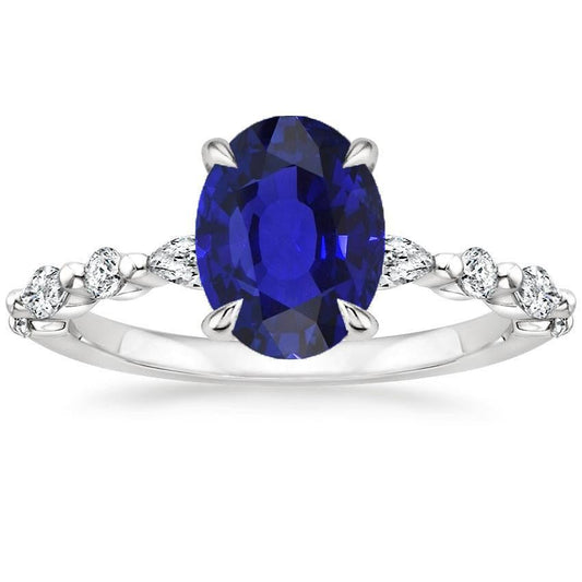 Gold Oval Blue Sapphire Diamond Ring Marquise & Round Cut 6 Carats New - Gemstone Ring-harrychadent.ca