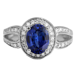 Gold Oval Halo Ring SriLanka Sapphire Split Shank & Natural Earth Mined Diamonds 4 Carats