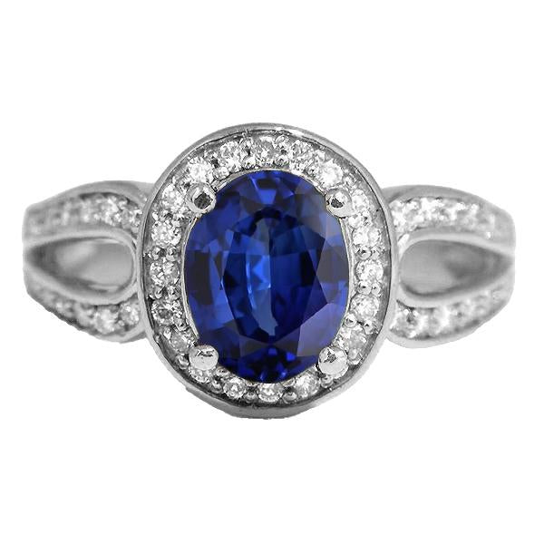 Gold Oval Halo Ring SriLanka Sapphire Split Shank & Diamonds 4 Carats - Gemstone Ring-harrychadent.ca