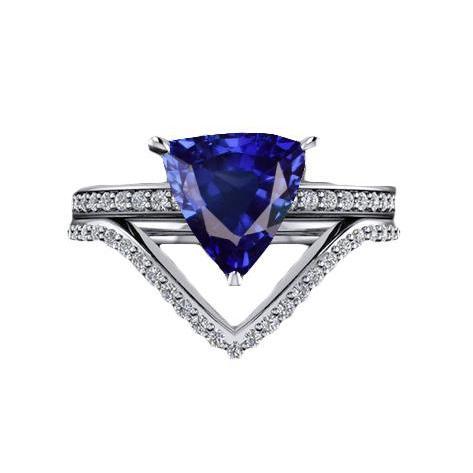 Gold Round Diamond Engagement Ring Set Trillion Sapphire 3 Carats - Gemstone Ring-harrychadent.ca