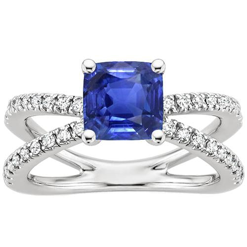 Gold Solitaire Blue Sapphire & Accents Ring Split Shank 2.75 Carats - Gemstone Ring-harrychadent.ca