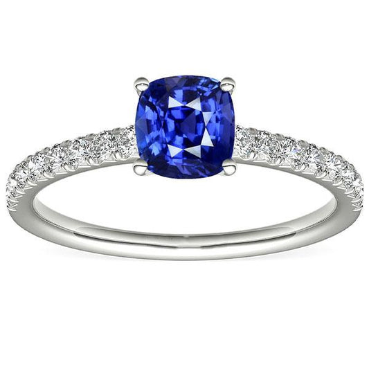 Gold Solitaire Cushion Cut Sapphire Ring & Pave Set Diamonds 3 Carats - Gemstone Ring-harrychadent.ca