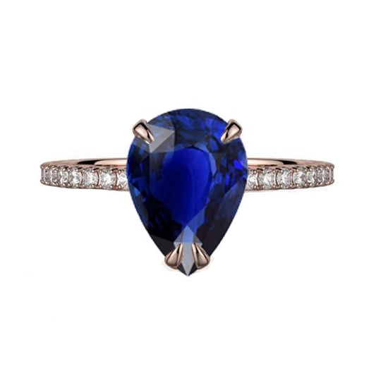 Gold Solitaire Pear Ceylon Sapphire Ring & Pave Set Diamonds 3 Carats - Gemstone Ring-harrychadent.ca