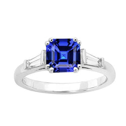 Gold Three Stone Asscher Sapphire Ring 2.50 Carats Baguette Natural Earth Mined Diamonds
