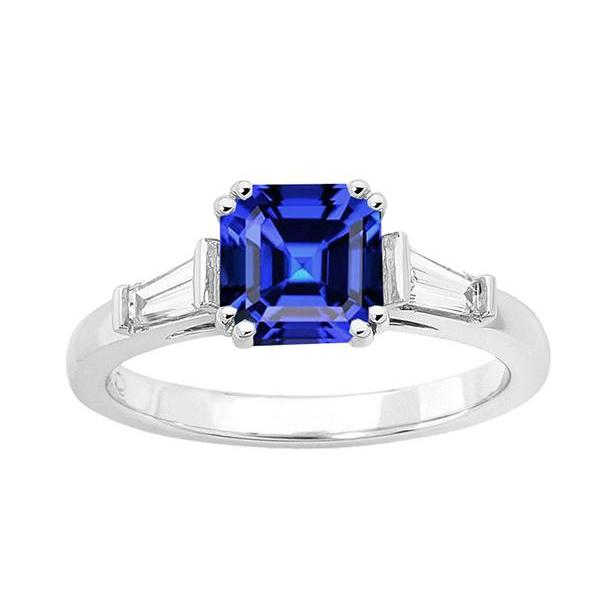 Gold Three Stone Asscher Sapphire Ring 2.50 Carats Baguette Diamonds - Gemstone Ring-harrychadent.ca