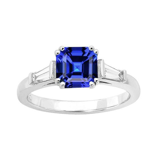 Gold Three Stone Asscher Sapphire Ring 2.50 Carats Baguette Diamonds - Gemstone Ring-harrychadent.ca