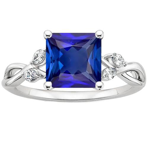 Gold Women Anniversary Ring Princess Blue Sapphire & Diamonds 4 Carats - Gemstone Ring-harrychadent.ca