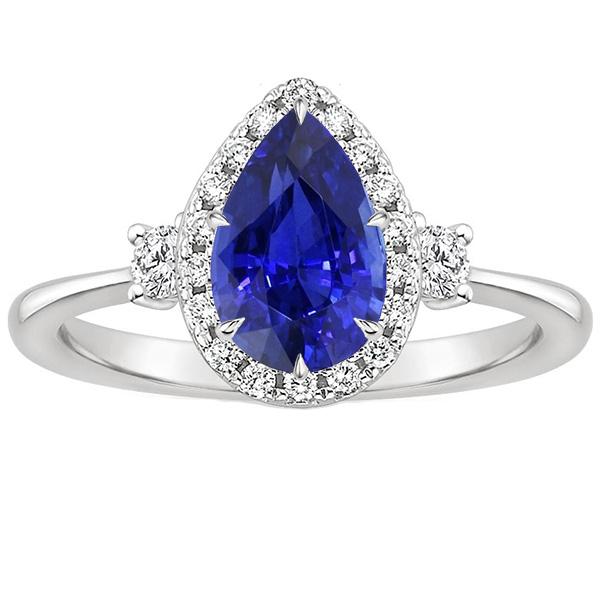 Halo 3 Stone Ring Pear Ceylon Sapphire & Diamonds 5 Carats - Gemstone Ring-harrychadent.ca
