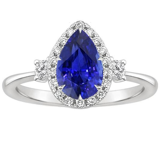 Halo 3 Stone Ring Pear Ceylon Sapphire & Diamonds 5 Carats - Gemstone Ring-harrychadent.ca