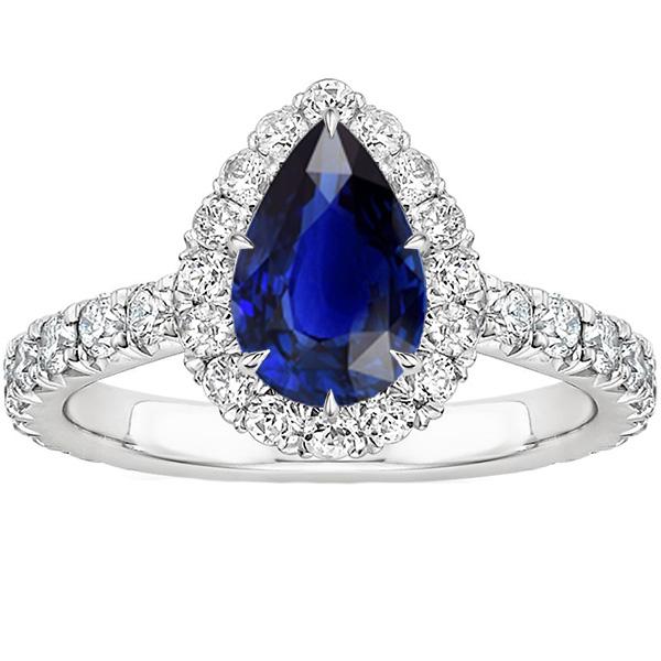 Halo Anniversary Ring Pear Sri Lankan Sapphire & Diamonds 4.50 Carats - Gemstone Ring-harrychadent.ca