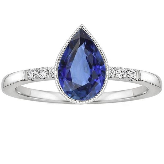 Halo Bezel Set Ring Pear Sri Lankan Sapphire & Diamonds 2.50 Carats - Gemstone Ring-harrychadent.ca