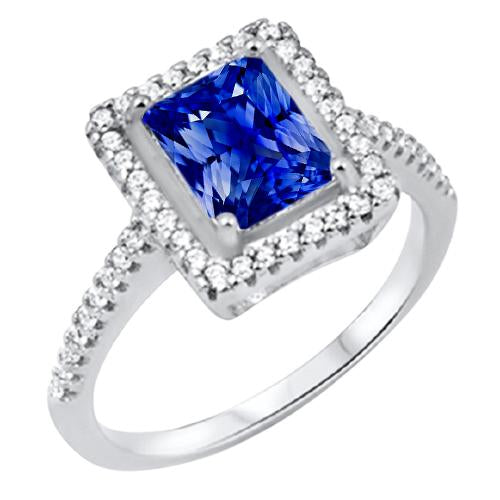 Halo Blue Sapphire Engagement Ring Radiant & Diamonds 3.50 Carats - Gemstone Ring-harrychadent.ca