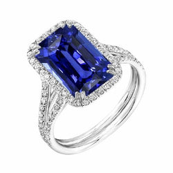 Halo Blue Sapphire Engagement Ring Set 4.50 Carats With Natural Earth Mined Diamond Band