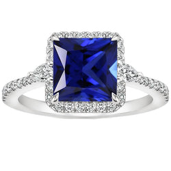 Halo Blue Sapphire Ring 6 Carats Princess Cut With Natural Earth Mined Diamond Accents