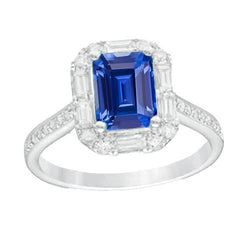 Halo Blue Sapphire Ring Baguette & Round Natural Earth Mined Diamond Jewelry 3 Carats