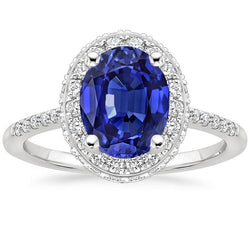 Halo Blue Sapphire Ring Oval Cut & Pave Set Diamonds 3.75 Carats