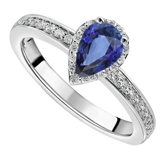Halo Blue Sapphire Ring White Gold 14K & Diamonds 4 Carats - Gemstone Ring-harrychadent.ca