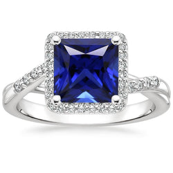 Halo Ceylon Sapphire & Natural Earth Mined Diamond Ring 6 Carat Princess Cut With Accents