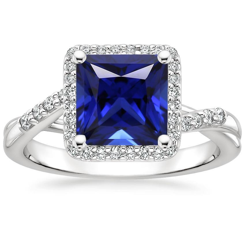 Halo Ceylon Sapphire & Diamond Ring 6 Carat Princess Cut With Accents - Gemstone Ring-harrychadent.ca