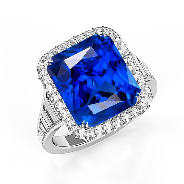 Halo Ceylon Sapphire Radiant Shaped Ring 5 Carats Baguette Diamonds - Gemstone Ring-harrychadent.ca