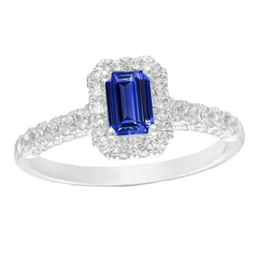 Halo Ceylon Sapphire Ring Emerald Cut & Diamonds 3.50 Carats - Gemstone Ring-harrychadent.ca