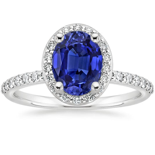 Halo Ceylon Sapphire Ring Oval Cut & Round Diamonds 3.25 Carats - Gemstone Ring-harrychadent.ca