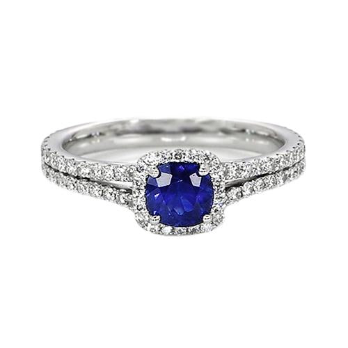 Halo Cushion Ceylon Sapphire & Diamond Engagement Ring Set 3.20 Carats - Gemstone Ring-harrychadent.ca