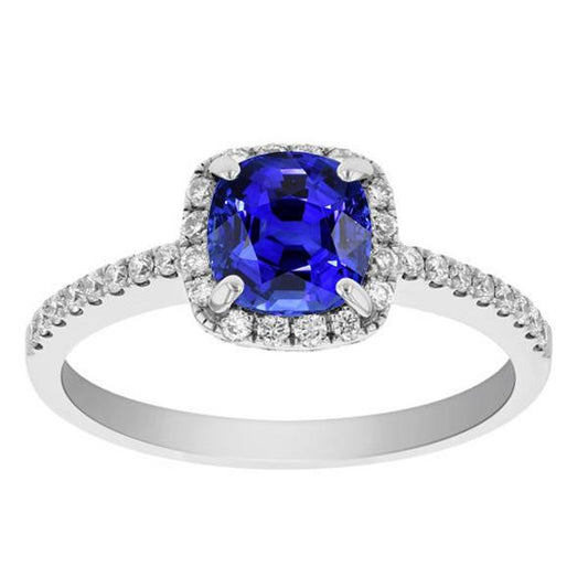 Halo Cushion Ceylon Sapphire Ring With Accents Diamond 3.50 Carats - Gemstone Ring-harrychadent.ca