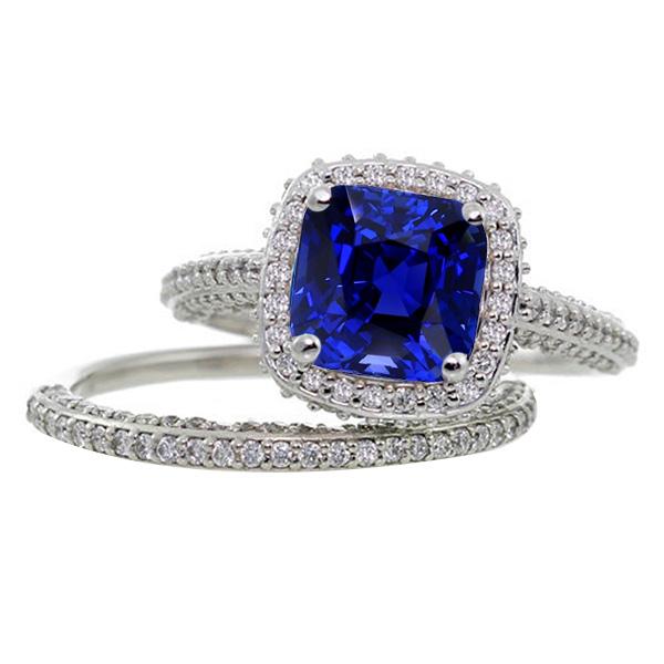 Halo Cushion Sapphire Diamond Engagement Ring Set 4.50 Carats - Gemstone Ring-harrychadent.ca