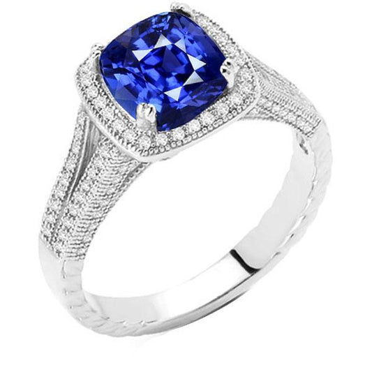 Halo Cushion Sapphire Ring 3.50 Carats Milgrain Split Shank Diamonds - Gemstone Ring-harrychadent.ca