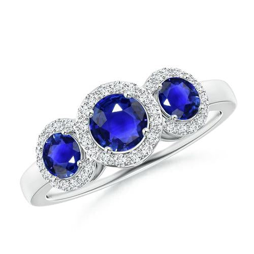 Halo Diamond 3 Stone Style Ceylon Sapphire Ring 4.50 Carats White Gold - Gemstone Ring-harrychadent.ca