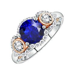 Halo Natural Earth Mined Diamond Anniversary Ring Round Blue Sapphire Two Tone 3.50 Carats