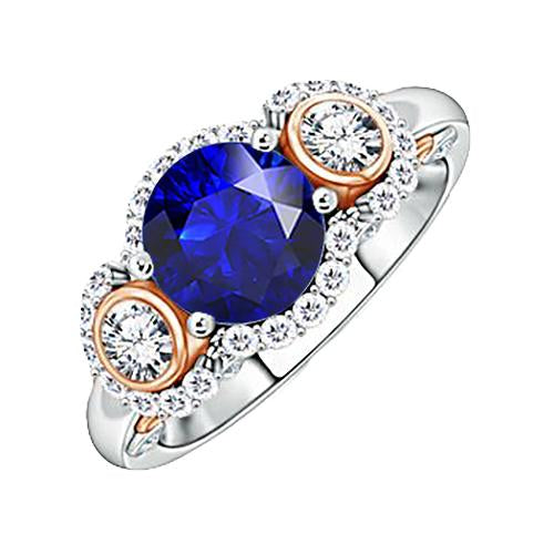 Halo Diamond Anniversary Ring Round Blue Sapphire Two Tone 3.50 Carats - Gemstone Ring-harrychadent.ca