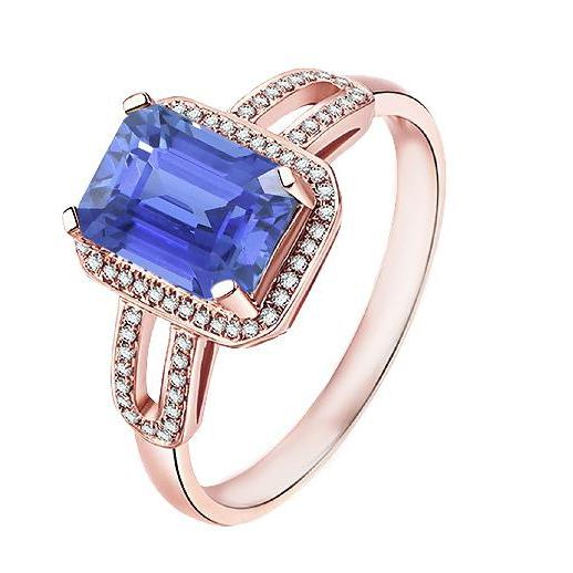Halo Diamond Blue Sapphire Emerald Ring 3.50 Carats Rose Gold 14K - Gemstone Ring-harrychadent.ca