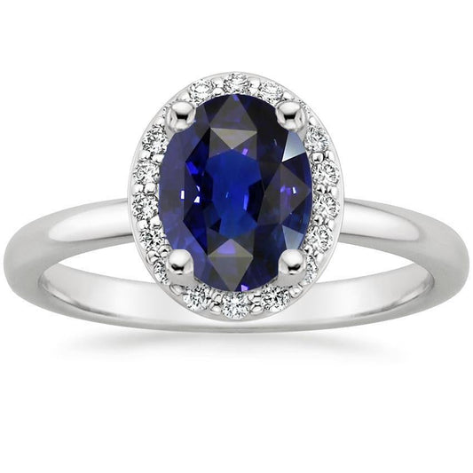 Halo Diamond Blue Sapphire Engagement Ring 4 Carats White Gold 14K - Gemstone Ring-harrychadent.ca