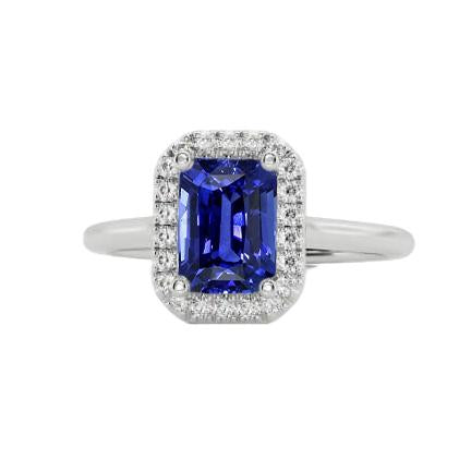 Halo Diamond Blue Sapphire Ring Emerald Cut 3 Carats White Gold 14K - Gemstone Ring-harrychadent.ca