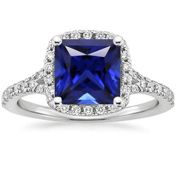 Halo Diamond & Blue Sapphire Ring With Accents V Split Shank 6 Carats