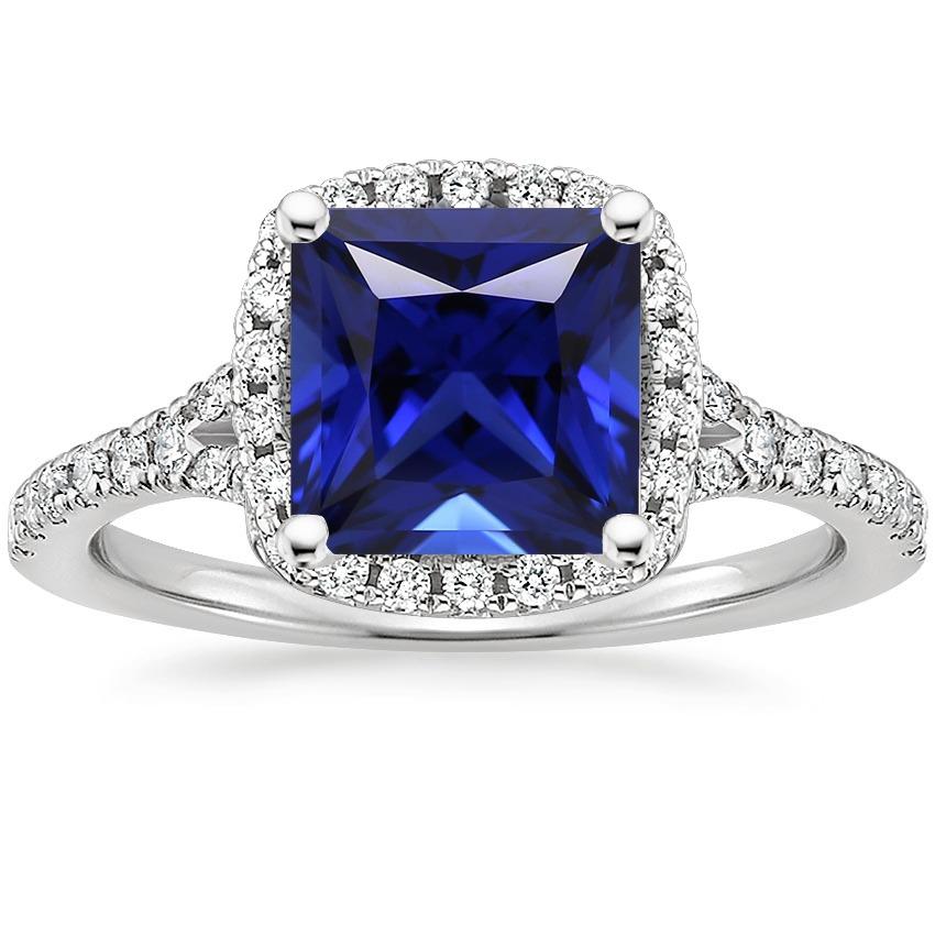 Halo Diamond & Blue Sapphire Ring With Accents V Split Shank 6 Carats - Gemstone Ring-harrychadent.ca